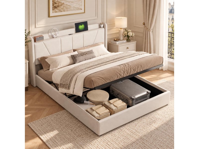 Lit coffre hydraulique 160x200 cm coloris beige - Conforama B