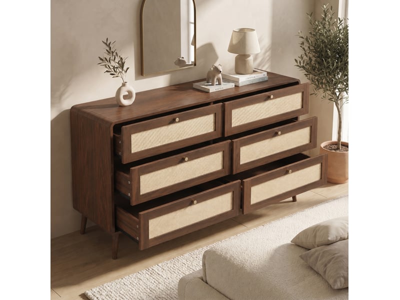 Commode 120x40x80 cm avec 6 tiroirs et façades effet rotin, coloris noyer  - Conforama D