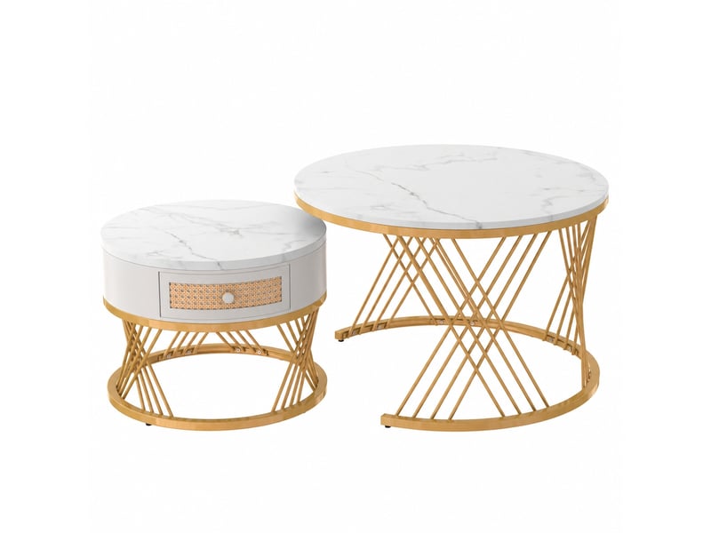  Ensemble de 2 tables basses rondes avec tiroir, blanc et doré, ø 70 et 50 cm  - Conforama A