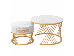 Ensemble de 2 tables basses rondes avec tiroir, blanc et doré, ø 70 et 50 cm