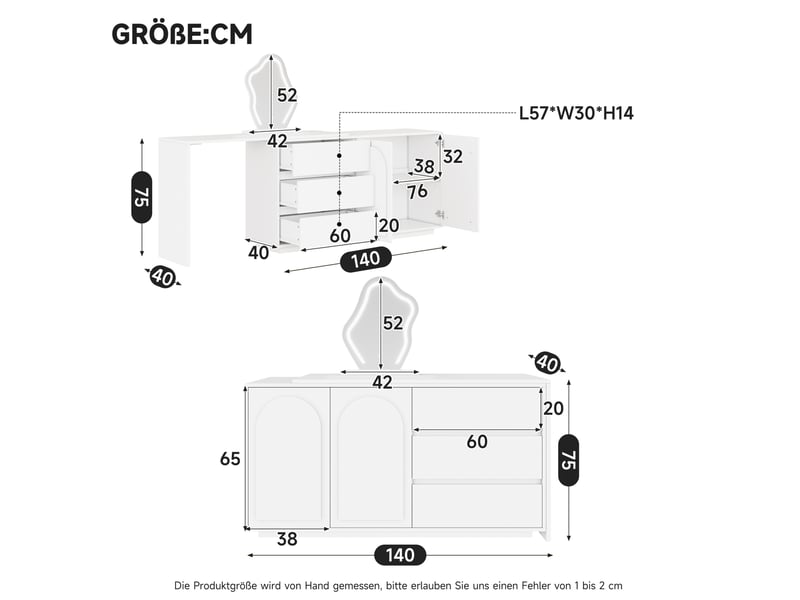  Coiffeuse blanche 140x40x75 cm avec miroir led, plateau extensible et 3 tiroirs  - Conforama C