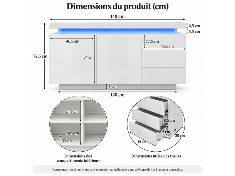  Buffet 140x35x72,5 cm avec led rgb, 2 portes, 3 tiroirs, commande app, haute brillance, blanc  - Conforama C