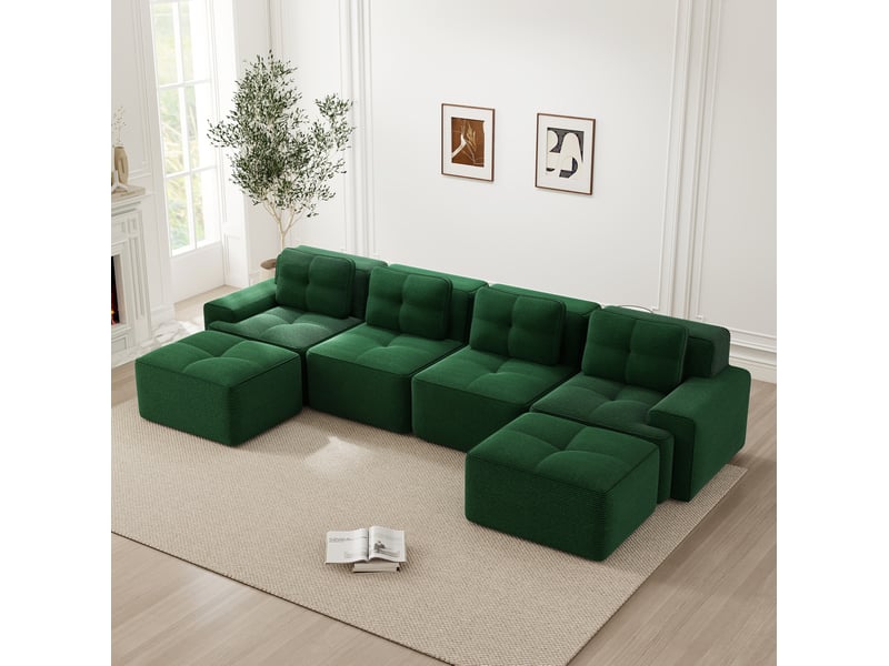  Canapé d'angle modulable 4 places en velours côtelé vert, assise profonde et confort nuage pour le salon  - Conforama E
