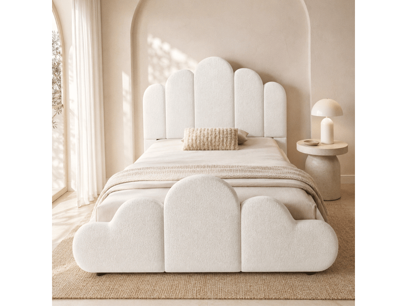  Lit enfant 90 x 200 cm en bouclé beige avec sommier et tête de lit rembourrée  - Conforama E