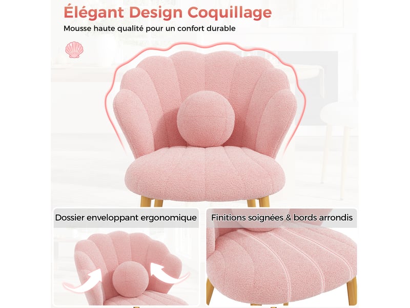 Lot de 6 chaises de salle à manger 60x62,5x83 cm, dossier coquille, pieds dorés, tissu teddy, rose - Conforama E