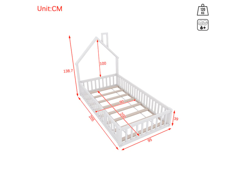  Lit enfant cabane 90x200 cm avec sommier à lattes et barrières blanc  - Conforama C