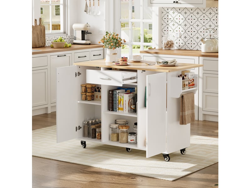 Desserte de cuisine 120 x 43,5 x 92,9 cm blanc et naturel en mdf, plateau rabattable et rangement mobile  - Conforama D