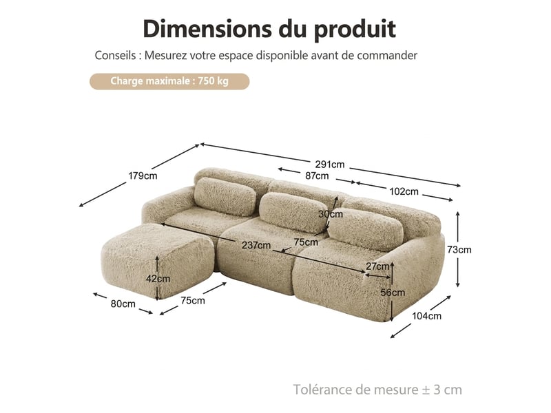 Canapé modulable en l 3 places kaki clair - canapé profond sans cadre en peluche - aucun assemblage - Conforama C