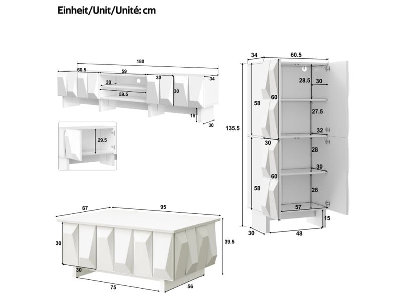  Ensemble salon 3 pièces, meuble tv 180 cm, buffet, table basse, façades 3d, panneaux de particules, blanc  - Conforama C