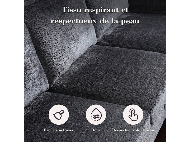  Canapé 4 places avec pouf gris contemporain - rangement, chenille douce, porte-gobelets  - Conforama D