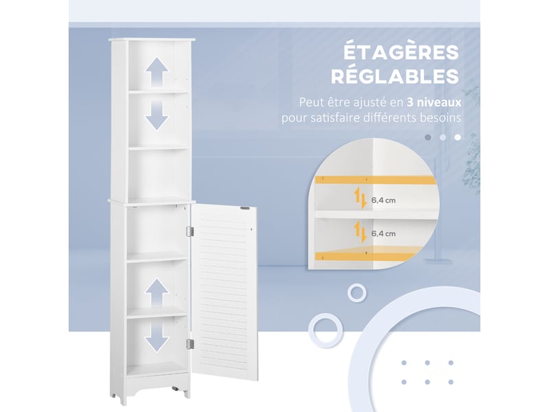  Meuble colonne salle de bain 3 niches placard persienne porte 3 étagères mdf panneaux de particules blanc  - Conforama E