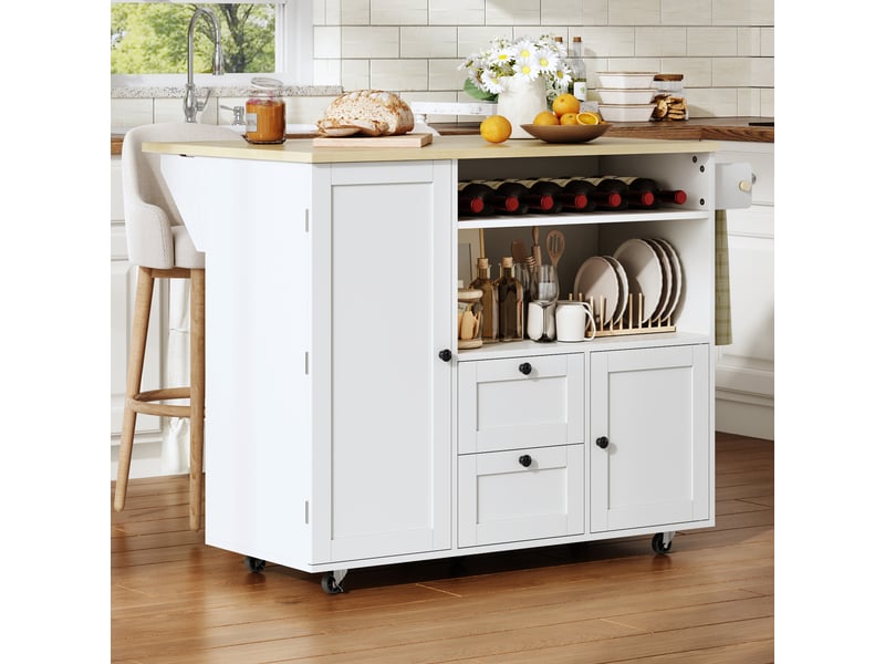 Îlot de cuisine sur roulettes avec plateau pliant, chariot de cuisine blanc et bois, 104x69x89 cm - Conforama E