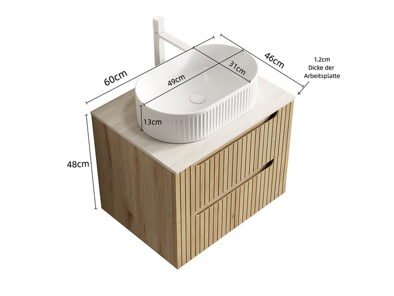 Meuble vasque suspendu 2 tiroirs amortis - lpospi - vasque ovale, céramique, chêne blanc 60 × 46 × 62,2 cm - Conforama D