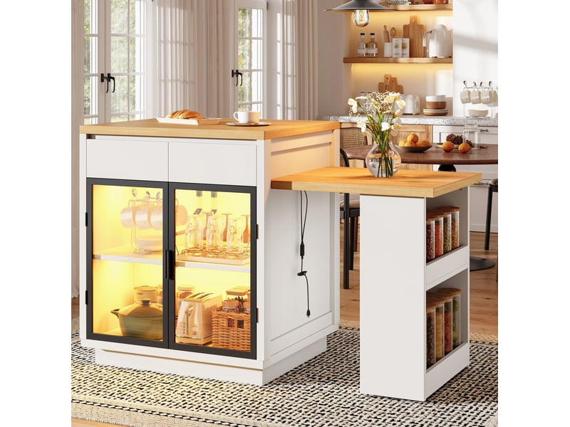  Îlot de cuisine extensible avec 2 tiroirs, portes vitrées et éclairage à led pour cuisine et salle à manger en mdf blanc  - Conforama B