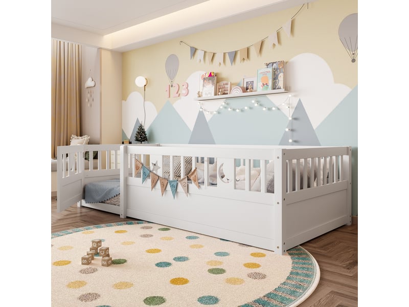  Lit enfant 90 x 190 cm avec barrières, portillon verrouillable et décor étoiles et lune, sans sommier à lattes, pin et contreplaqué, blanc Fay Lum - Conforama R