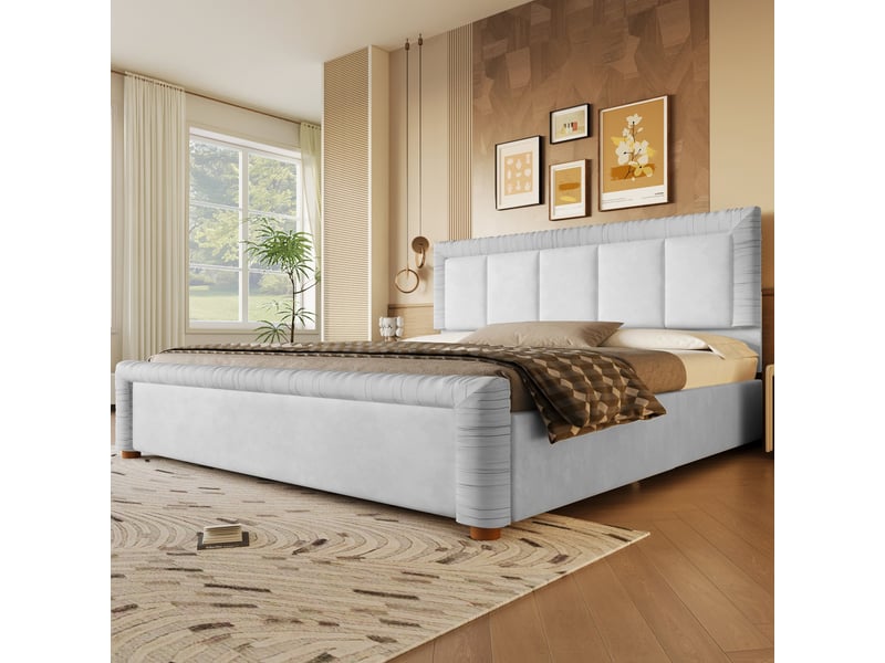  Lit rembourré 180 x 200 cm en velours français, avec deux tiroirs de rangement et surpiqûres verticales décoratives, coloris gris  - Conforama D