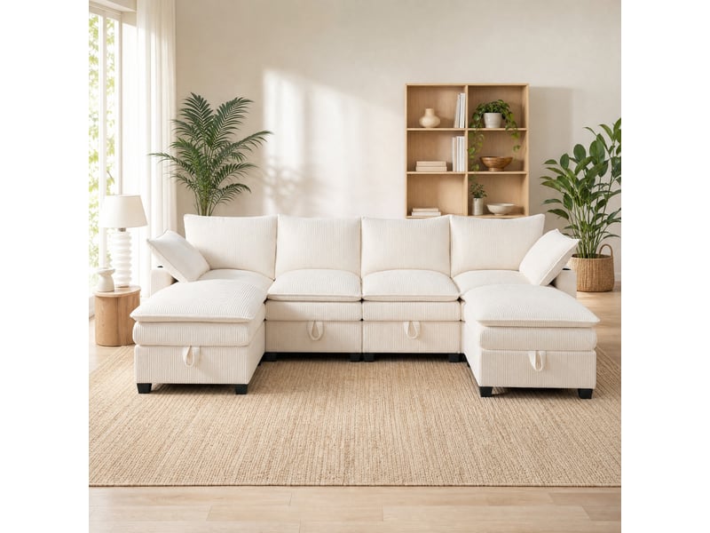  Canapé modulaire 6 places avec rangement, usb et porte-gobelets, poufs amovibles en velours côtelé beige 280 × 152 × 83 cm  - Conforama D