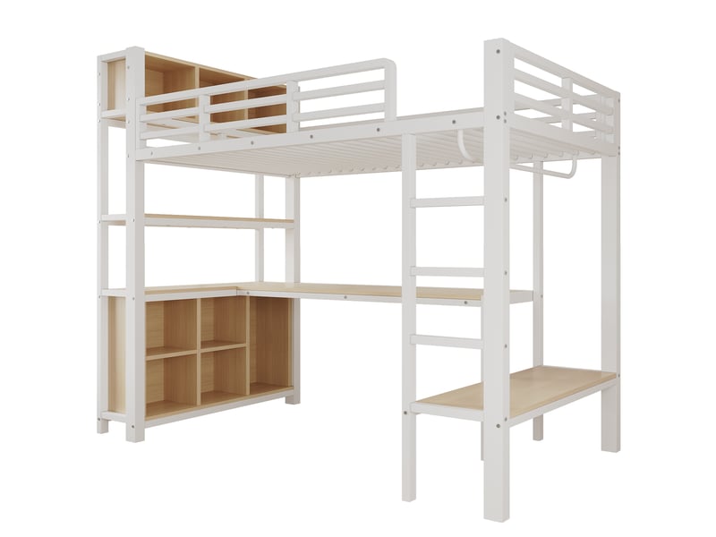  Lit mezzanine 90x200 avec bureau, penderie et étagères, lit surélevé métal blanc pour enfant et adolescent, sans matelas  - Conforama R
