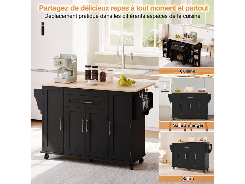 Îlot de cuisine avec espace bar, prises électriques, rangements, 120 x 60 x 91 cm, noir et blanc - Conforama B