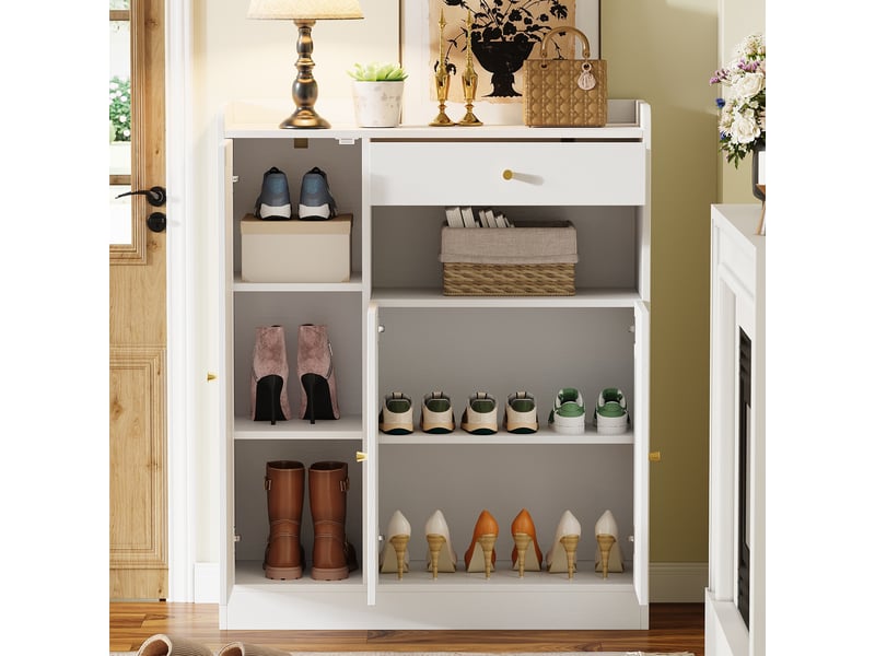  Meuble à chaussures 90x35x110 cm avec 3 portes effet cannage, 1 tiroir et étagères réglables - Blanc et naturel Fay Lum - Conforama B