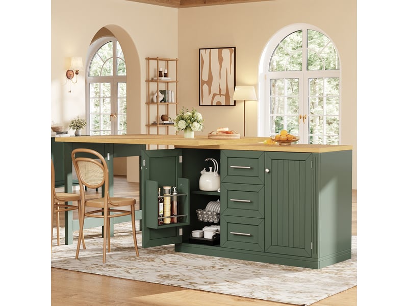  Îlot de cuisine multifonction, plateau extensible pivot 360° 3 tiroirs grande capacité étagère snack, cuisine, mdf, vert ABC - Conforama D