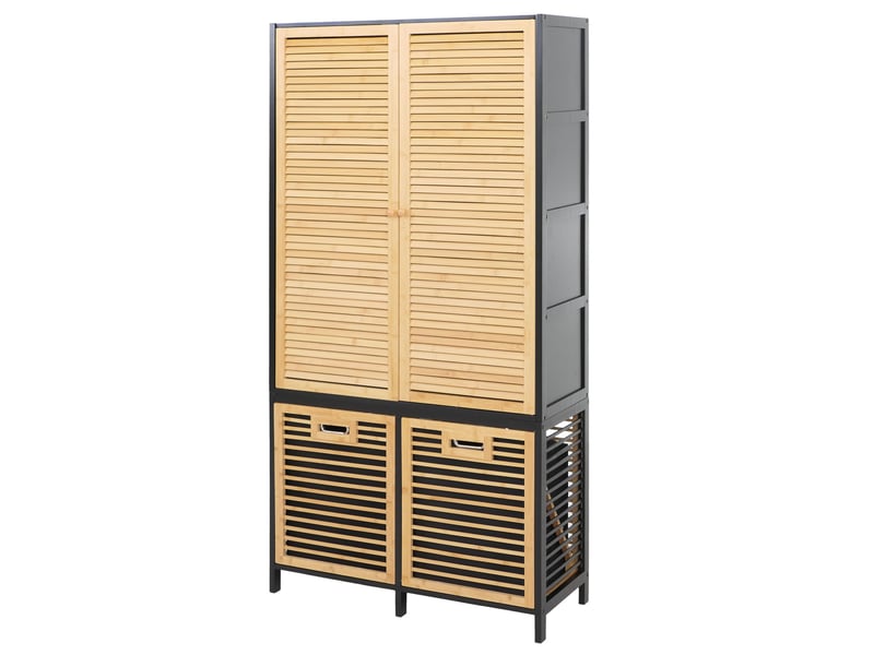  Armoire de salle de bains en bambou hwc-n83, étagère de salle de bains, 2 paniers à linge, portes mvg 168 x 82 x 34 cm - naturel-noir, panier anthracite  - Conforama E