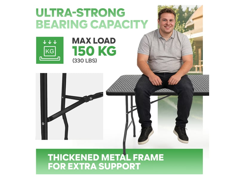  Table pliante extérieur 180x70cm, table pliable jardin pour 8 personnes, noir avec plateau plastique effet rotin noir &amp; cadre métal, 150 kg, 3 verrous sécurité, pour jardin balcon  - Conforama D