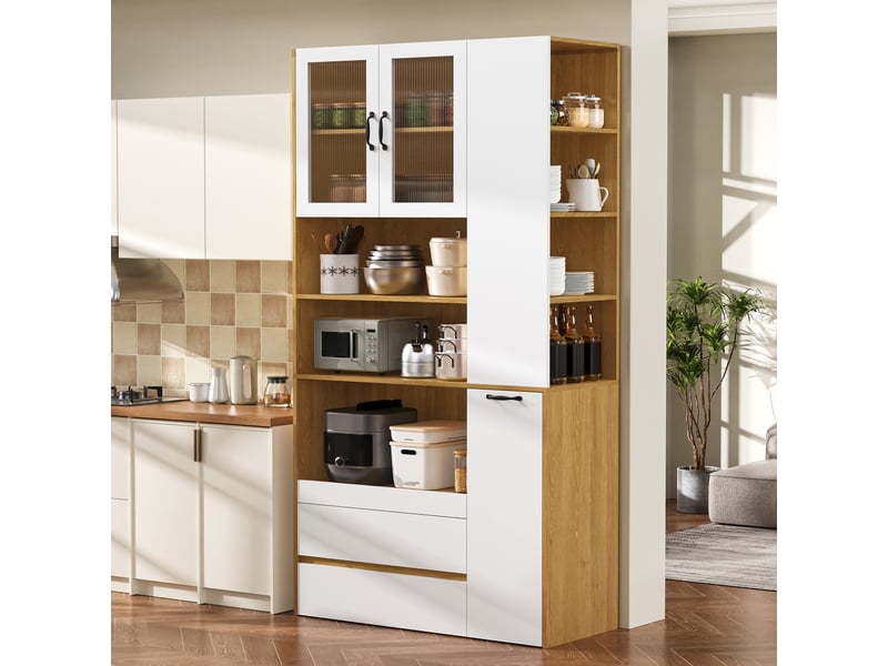  Vaisselier haut blanc et bois 200 cm, buffet avec portes en verre strié, meuble de rangement cuisine  - Conforama B