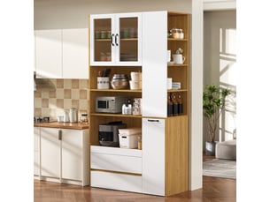 Vaisselier haut blanc et bois 200 cm, buffet avec portes en verre strié, meuble de rangement cuisine