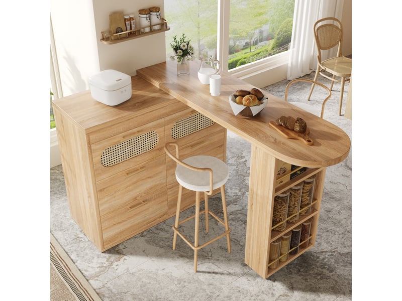 Table bar 203x39x90 cm naturel mdf et métal, 6 tiroirs, rangement avec plateau pivotant  - Conforama B