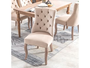 Lot de 6 chaises de salle à manger beige en velours, dossier haut capitonné, pieds en bois massif