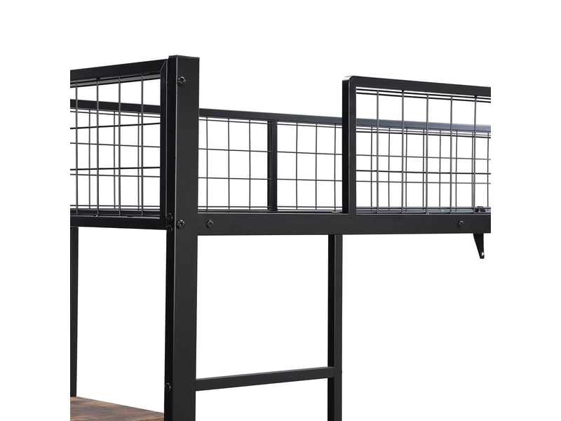Lit mezzanine enfant 90x200 cm en métal avec espace bureau et étagères, échelle 4 marches, noir et bois, sans matelas - Conforama E