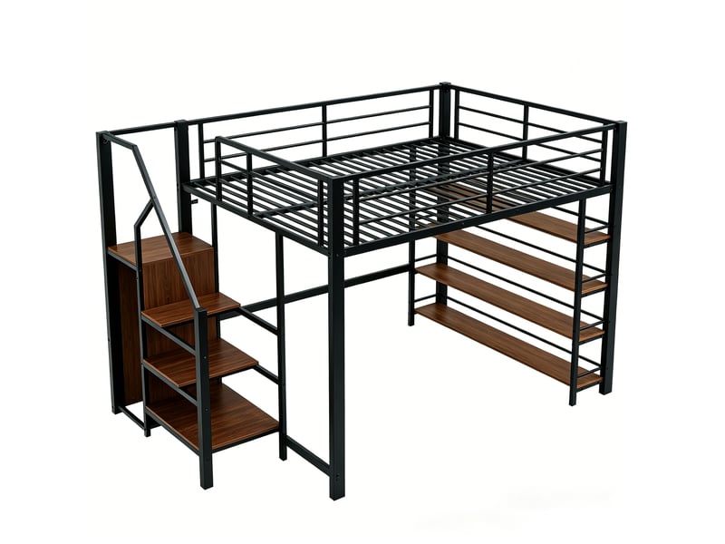  Lit mezzanine 140x200 cm - escalier avec tiroirs de rangement - mini armoire et étagères - barrières de sécurité - métal noir  - Conforama W