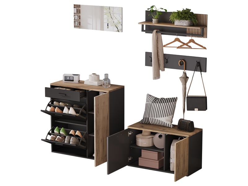  Ensemble meuble d’entrée 5 pièces avec miroir, banc et rangements, bois naturel et noir  - Conforama A