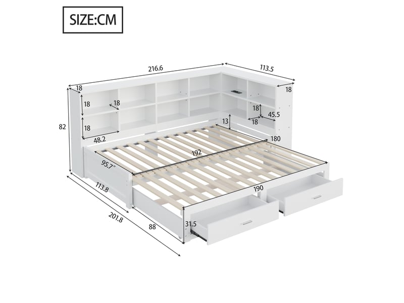  Lit gigogne multifonction 90180 x 190 cm blanc avec rangements et prise multifonction  - Conforama E