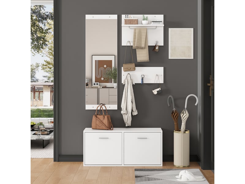  Vestiaire d'entrée complet, ensemble meuble d'entrée 4 pièces avec miroir et meuble à chaussures, style scandinave moderne 90x30x41.5cm, blanc  - Conforama W