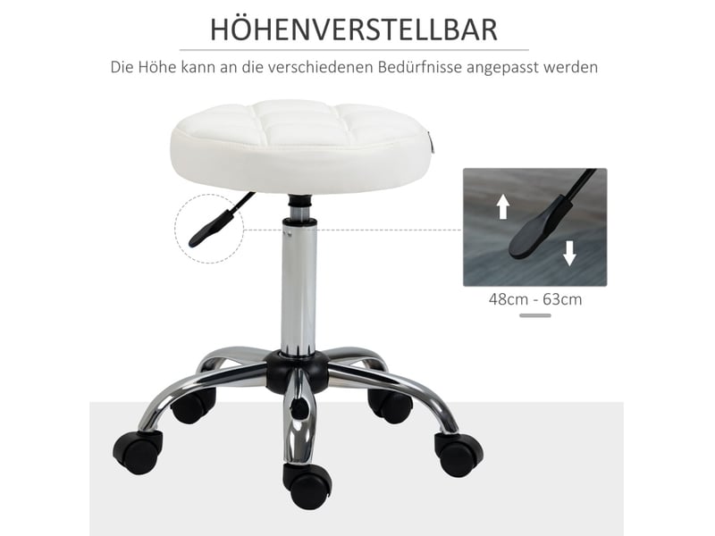  Tabouret roulant 35,5x51-67 cm pivotant réglable, avec roulettes, pour bureau et salon de coiffure, similicuir blanc  - Conforama E