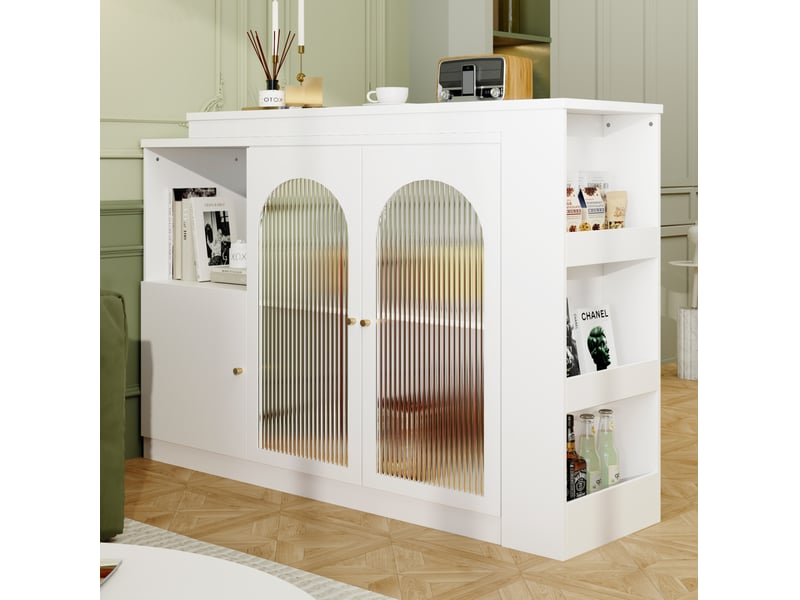  Meuble bar rotatif 360° blanc avec portes vitrées et rangement, 120 x 40 x 97 cm  - Conforama D