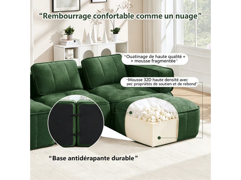  Sofa d'angle 3 places, avec repose-pieds, mousse 32d, assise profonde, revêtement doux, 271×162×67 cm, vert  - Conforama E
