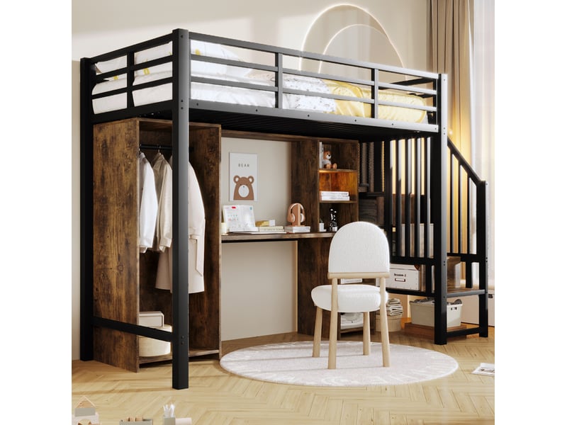  Lit mezzanine 90 x 200 cm noir métal et mdf, bureau, armoire et escalier avec rangements intégrés  - Conforama B