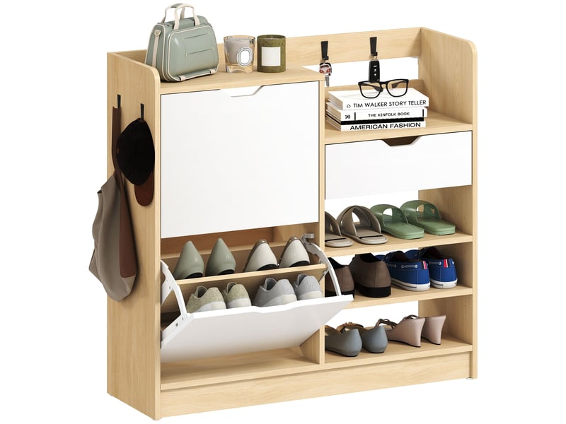 Étagère à chaussures pour entrée avec tiroir, étagères ouvertes, 4 crochets pour 14 paires de chaussures, naturel et blanc - Conforama A