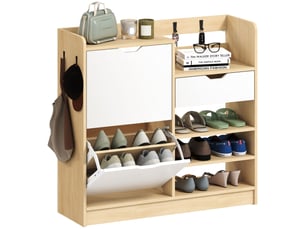 Étagère à chaussures pour entrée avec tiroir, étagères ouvertes, 4 crochets pour 14 paires de chaussures, naturel et blanc