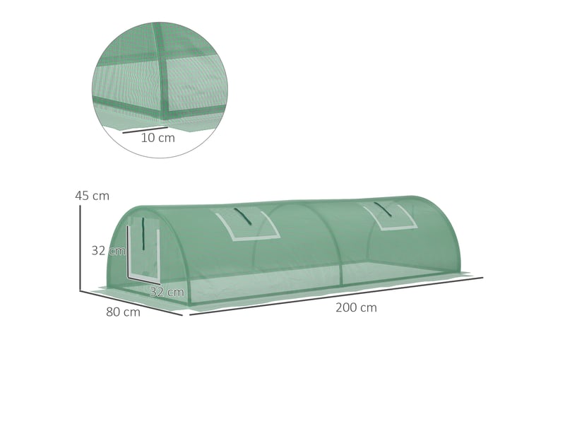 Mini serre tunnel de jardin 200 x 80 x 45 cm – verte – film pe anti-uv et 4 fenêtres en maille - Conforama C