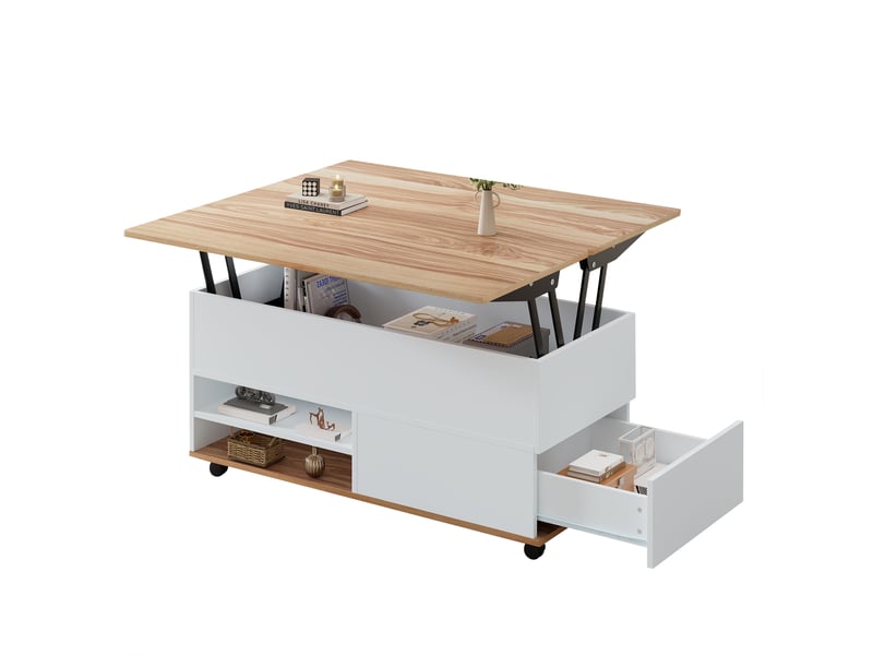  Table basse relevable 100x98x65 cm blanc et bois clair panneau de particules avec rangement dissimulé étagère tiroir et roues pour salon evarich - Conforama A