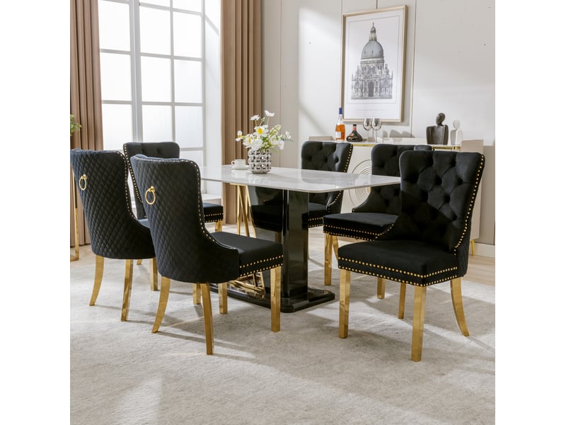  Lot de 6 chaises 50,5x45x95cm avec design unique de poignée de porte, design à clous, pieds en métal, velours, noir  - Conforama C