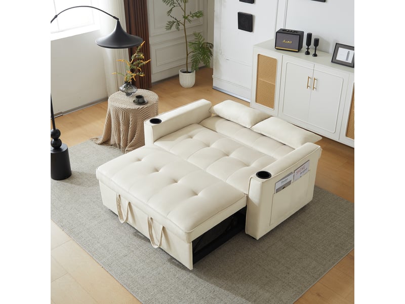  Canapé convertible 137x76,5x83 cm avec fonction couchage, porte-gobelets, coussins, canapé-lit pliable multifonctionnel pour salon et chambre—beige Bliss Lite - Conforama E