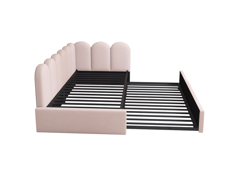 Lit rembourrébanquette-lit 90x200 cm, canapé-lit + lit gigogne 90x190 cm, sommier à lattes, velours, sans matelas, rose - Conforama E