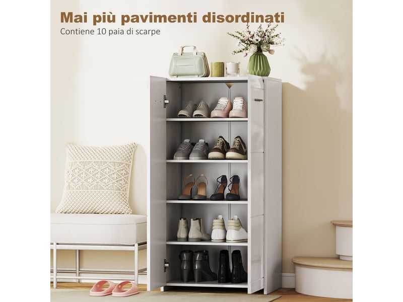 Étagère à chaussures à 5 niveaux réglables et amovibles, en bois, 55 x 36 x 108 cm, blanc brillant - Conforama E