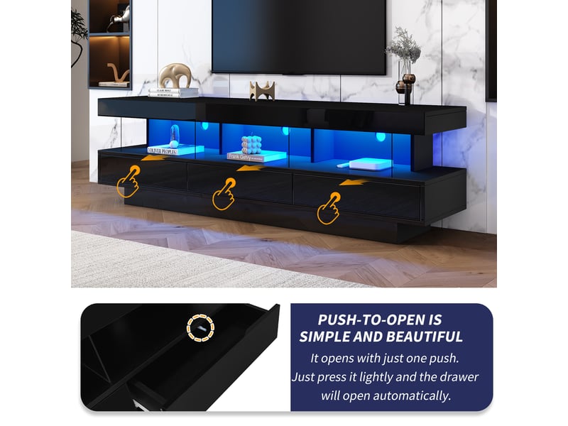  Meuble tv 160 cm noir brillant led, étagères en verre, bluetooth et contrôle par app  - Conforama D