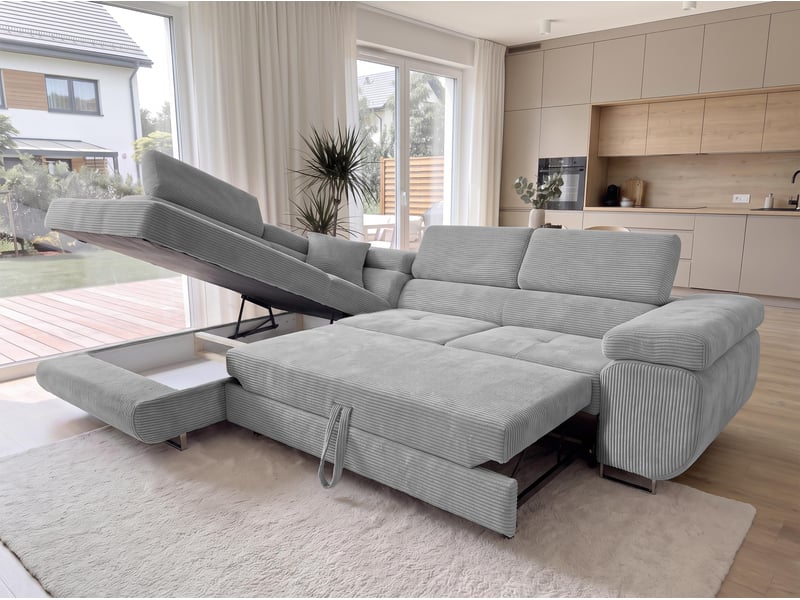  Canapé convertible 276 cm avec coffre et têtières – gris clair Konak - Conforama C